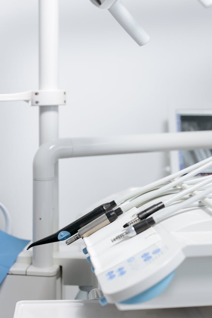 Sterile dental equipment and tools in a modern clinic setting, ready for dental care procedures.